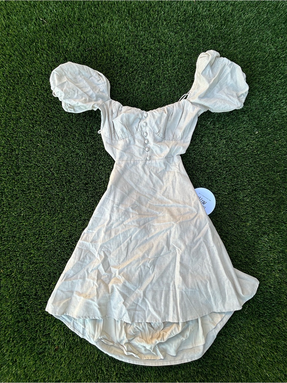 Light Cream Puff-Sleeve A-Line Dress
